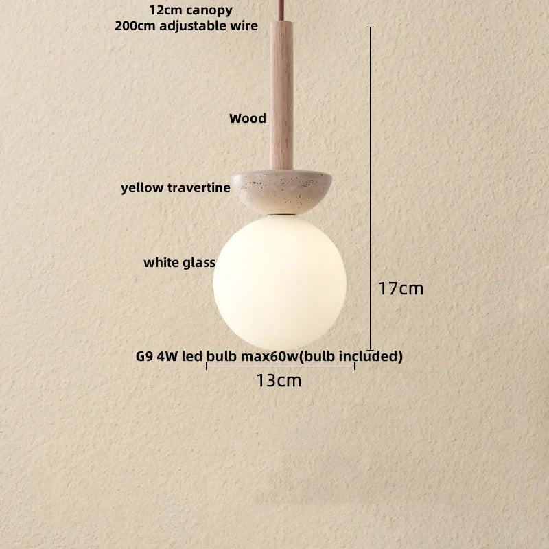 DecorBites™ LED Pendant Lamp White Glass Ball Yellow Travertine Hanging Light