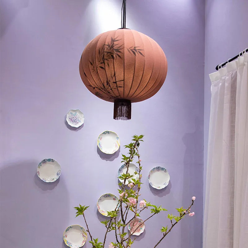 DecorBites™ Bamboo Lantern Pendant: Handmade Fabric Shade for Elegant Hotel and Restaurant Lighting