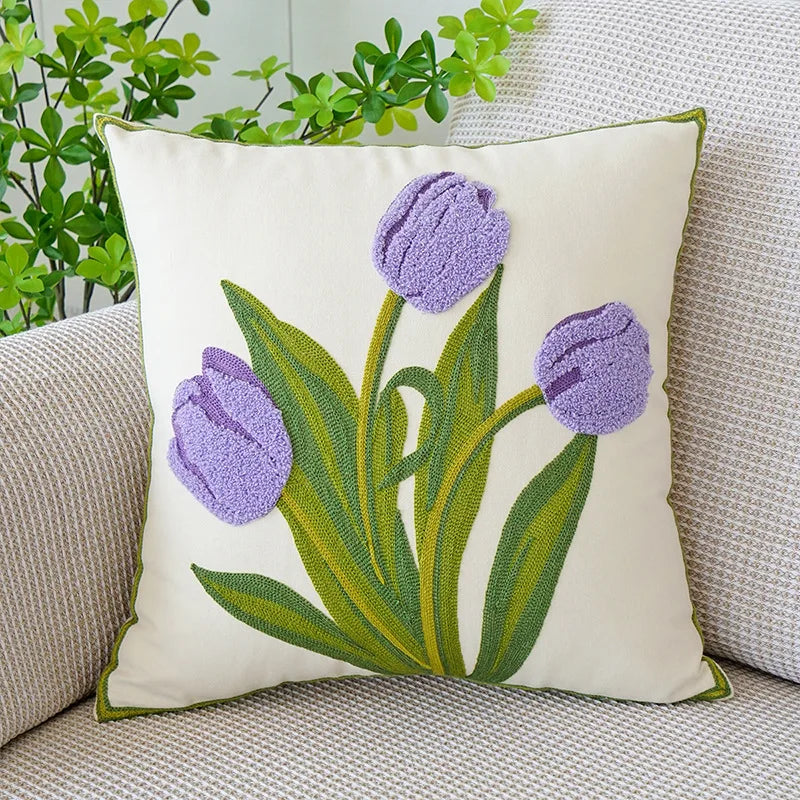 DecorBites™ Boho Floral Embroidered Canvas Cushion Cover 45*45cm for Living Room