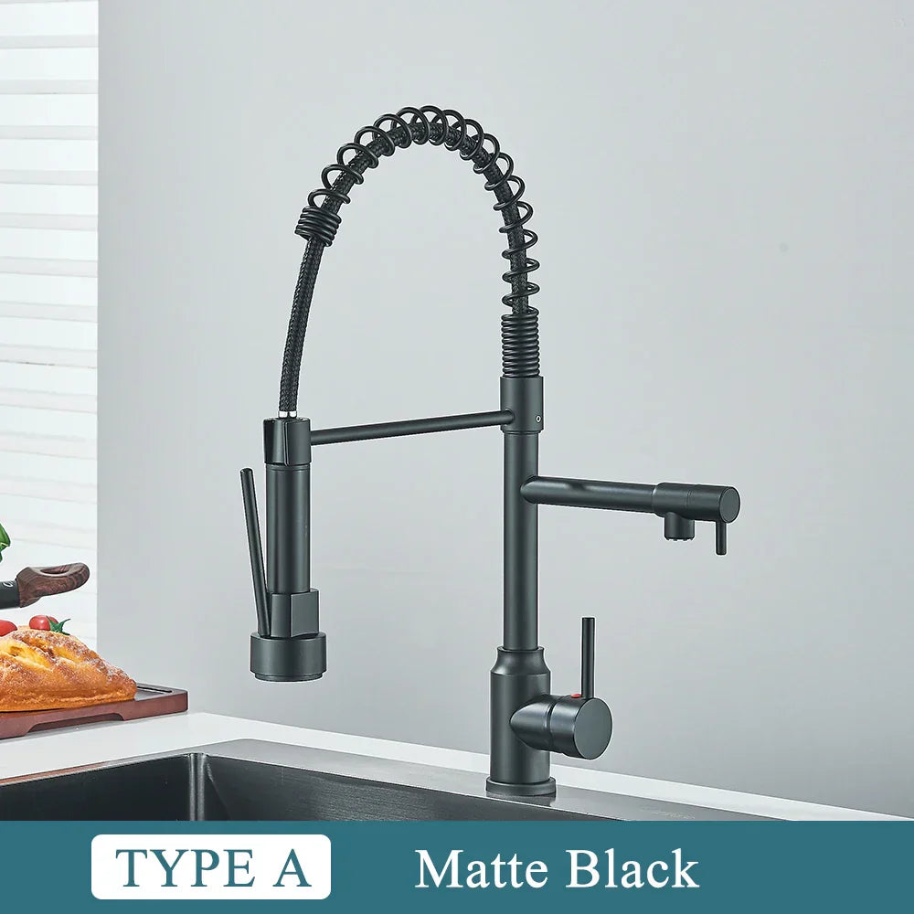 DecorBites™ Brass Kitchen Sink Faucet: Pull Down Dual Spout, 360 Rotation, Hot/Cold Mixer, 2 Modes