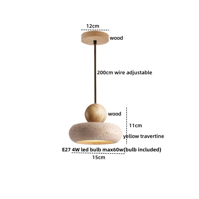 DecorBites™ LED Pendant Light: Japanese Style, Yellow Travertine Wood, Adjustable Hanging Lamp