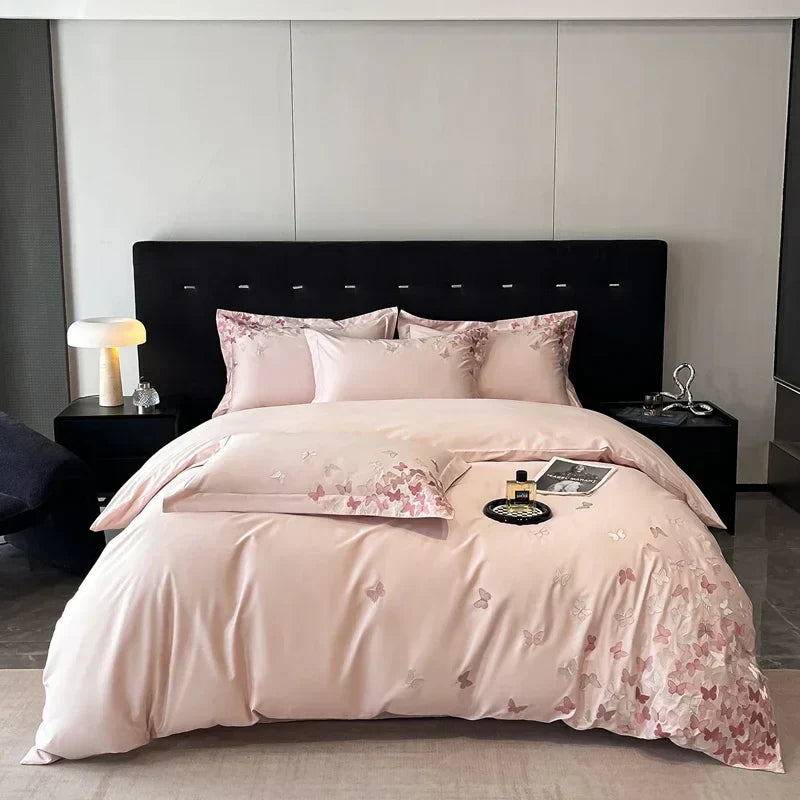 DecorBites™ Butterflies Embroidery Bedding Set - King Queen Ru Size Bed Linens Sheet Pillowcase Comforter Cover Set