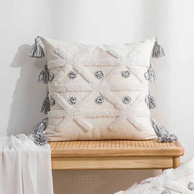 DecorBites™ Boho Tufted Embroidered Cotton Canvas Cushion Cover Grey Beige Tassel Pillowcase