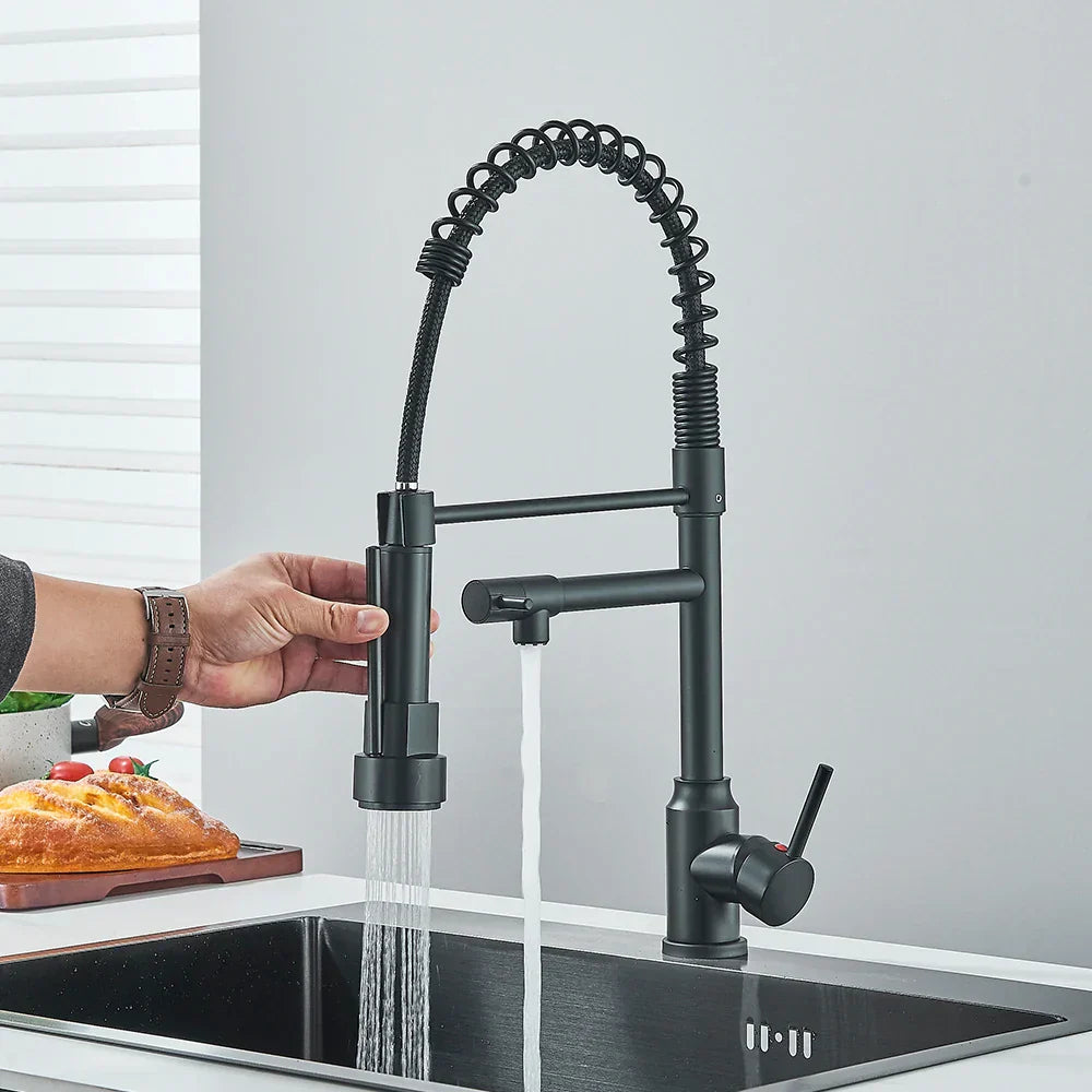 DecorBites™ Brass Kitchen Sink Faucet Pull Down Mixer Tap with Dual Spout Rotation