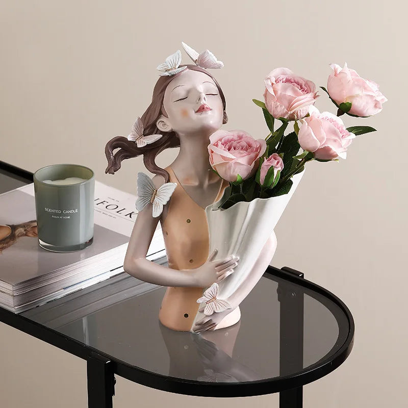 DecorBites™ Butterfly Girl Sculpture Vase Set - Modern Decorative Resin Flower Ornaments
