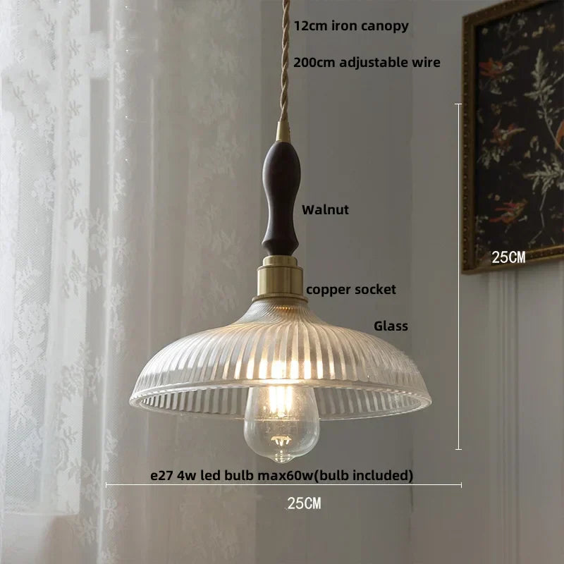 DecorBites™ Amber Glass LED Pendant Lamp Walnut Wood Copper Hanging Light