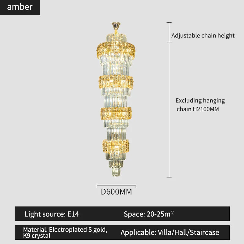 DecorBites™ Elegant Crystal Hollow Long Chandelier for Duplex Living Room and Stairwell