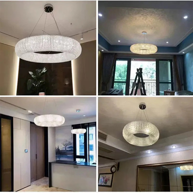 DecorBites™ Crystal Loft Chandelier: Modern Luxury Circle Pendant Lamp for Living Room Lighting