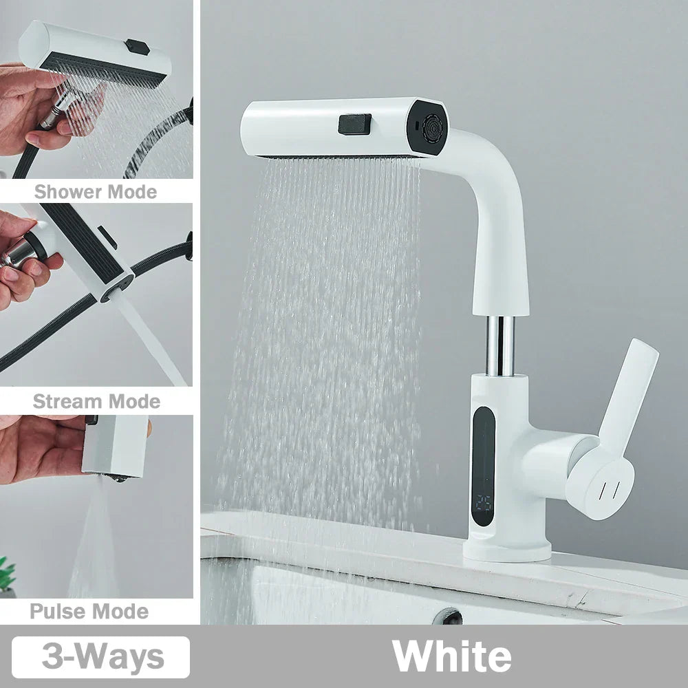 DecorBites™ Digital Display Basin Faucet with 3-Way Nozzle: Pull Out, Rainfall Stream, Hot Cold Mixer