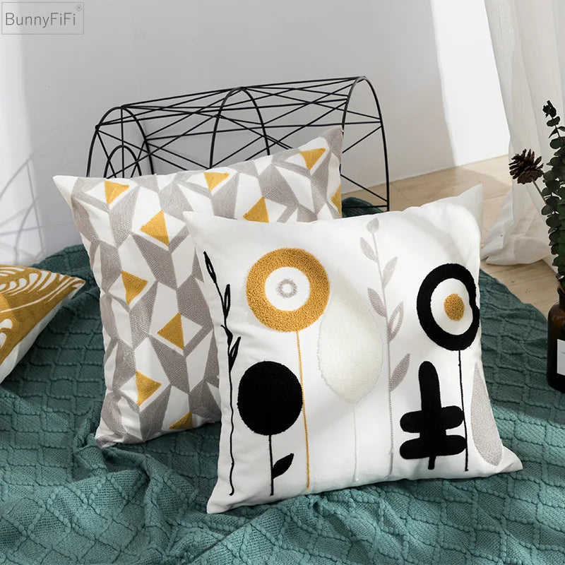 DecorBites™ Daisy Home Floral Geometric Embroidery Pillow Cover 45x45cm/30x50cm Yellow Blue