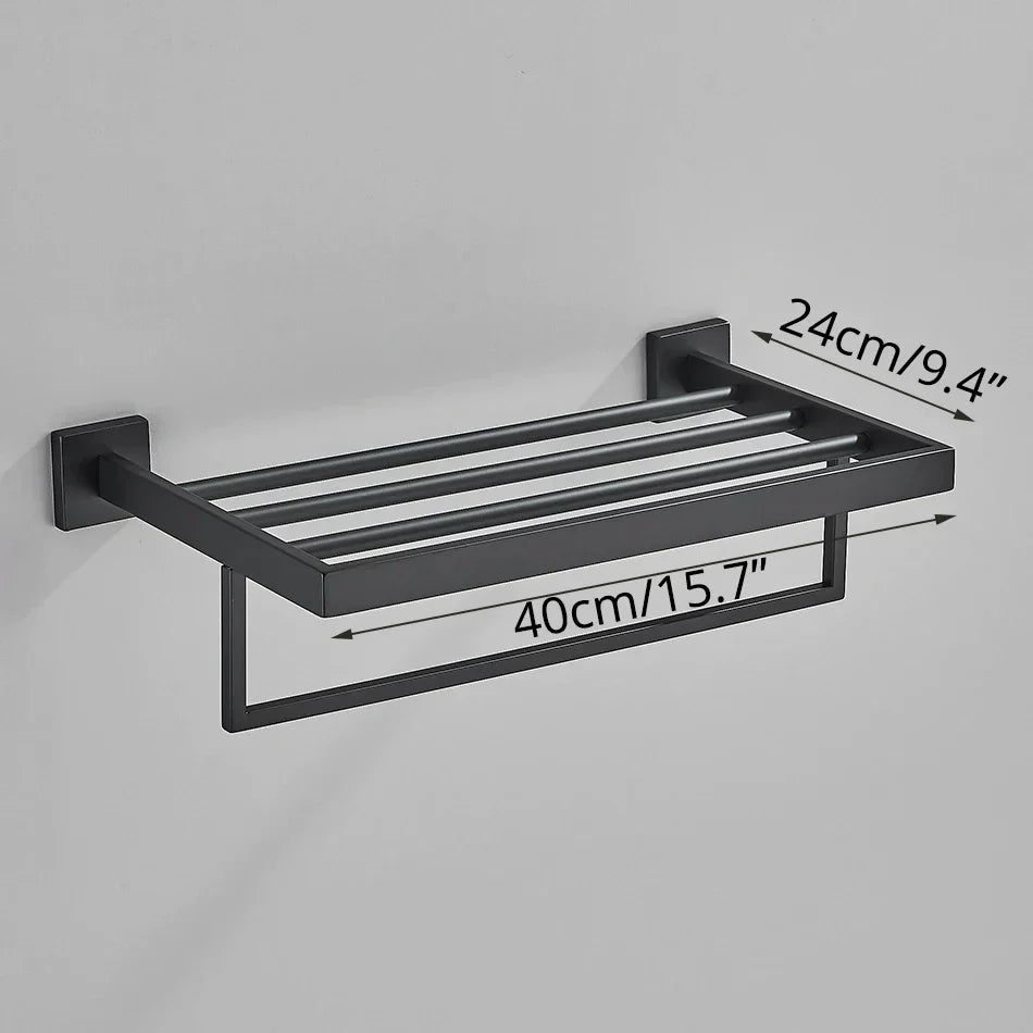 DecorBites™ Black Bathroom Accessories Set: Robe Hook, Towel Rail, Shelf, Tissue Holder