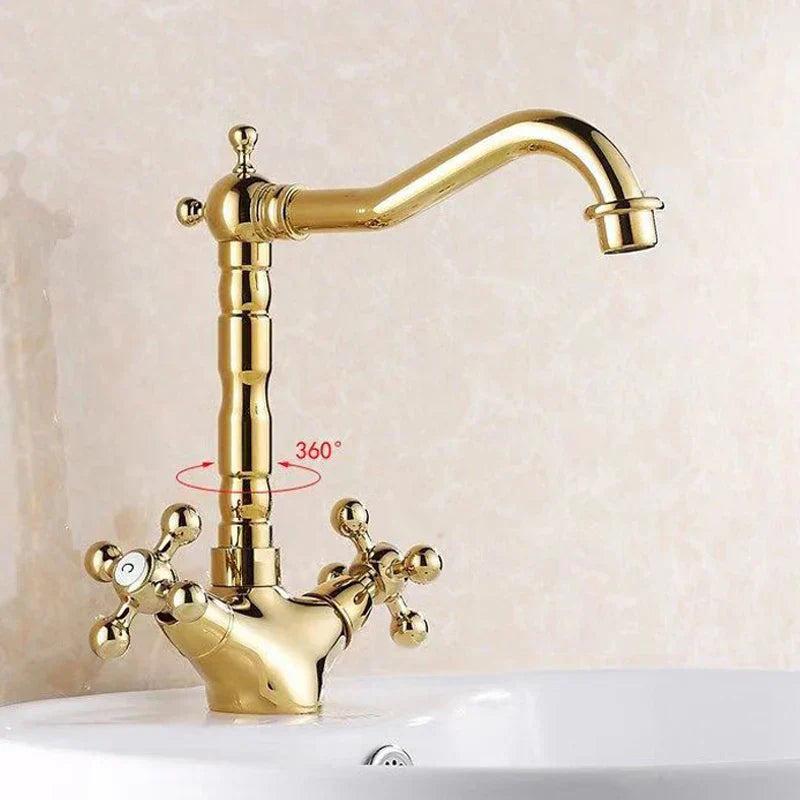 DecorBites™ Antique Brass Basin Faucet with Swivel Spout and Cross Handles