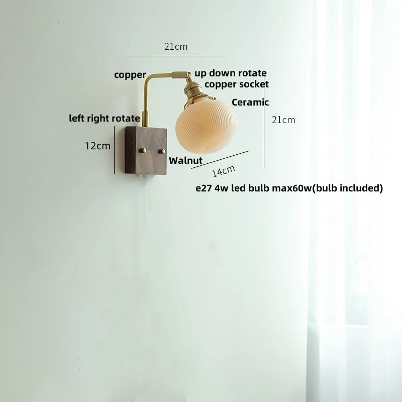 DecorBites™ Ceramic LED Wall Light Fixture White Copper Walnut Ash Bedside Lamp