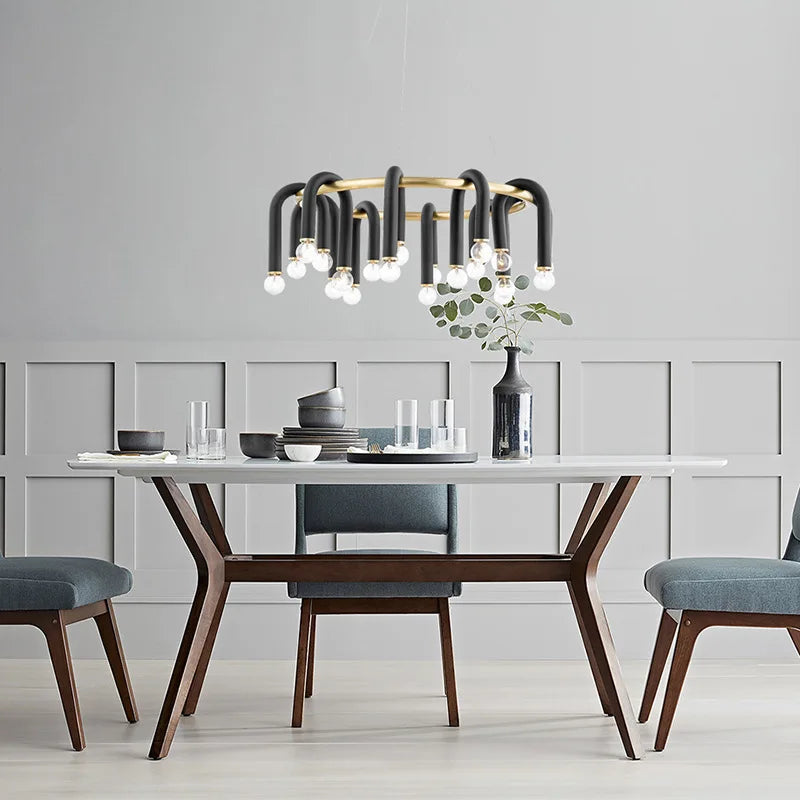 DecorBites™ Black U Shape Tube Gold Ring Chandelier for Foyer Dining Room Lighting
