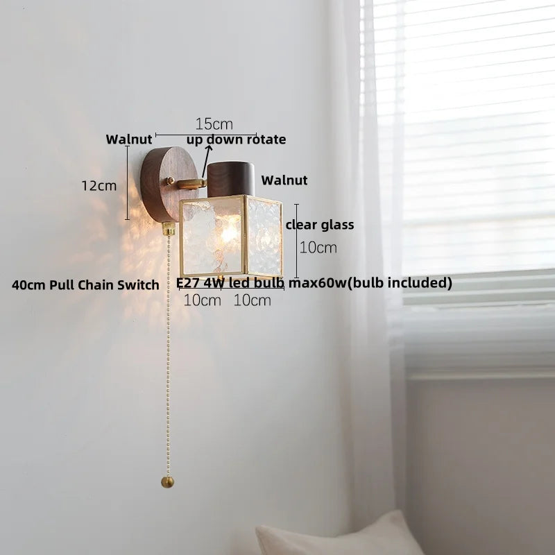 DecorBites™ Clear Glass LED Wall Sconce Walnut Wood Bedroom Living Room Modern Fixture