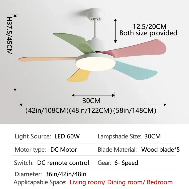 DecorBites™ 48" Bedroom Restaurant Ceiling Fan with 5 Wood Blades, DC Motor, LED Light, Remote