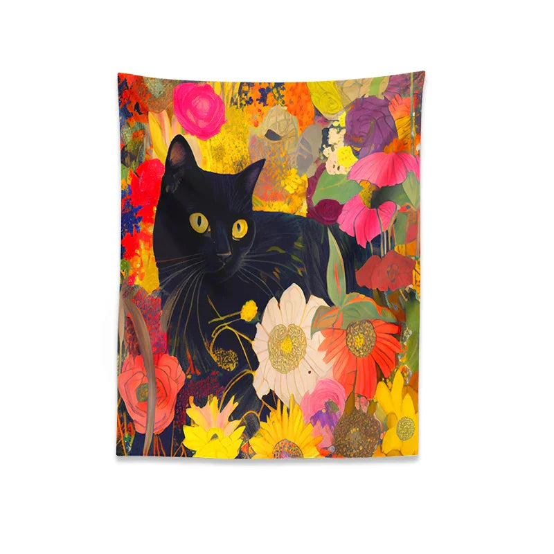 DecorBites™ Cat Print Poster: Funny Black Cat in Floral Bouquet - Boho Home Decor