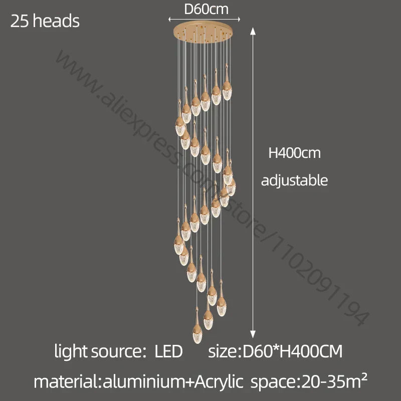 DecorBites™ Gold LED Staircase Chandelier | Luxury Large Living Room Pendant Lamp