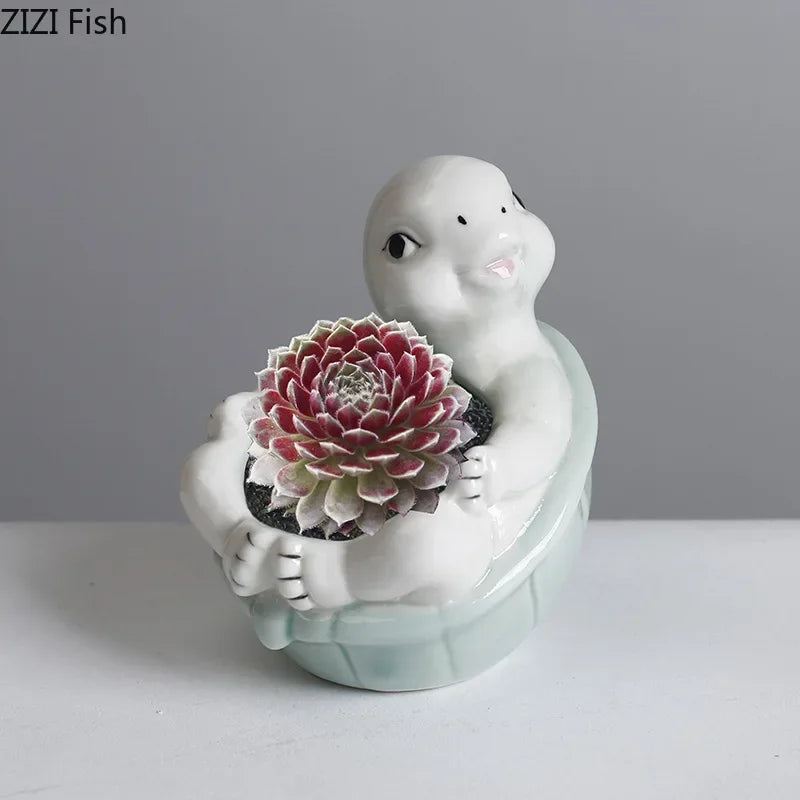 DecorBites™ Cartoon Turtle Ceramic Vase for Table Decoration and Flowers Arrangement