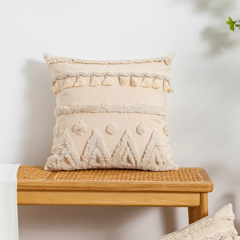 DecorBites™ Boho Tufted Embroidered Cotton Canvas Cushion Cover Grey Beige Tassel Pillowcase