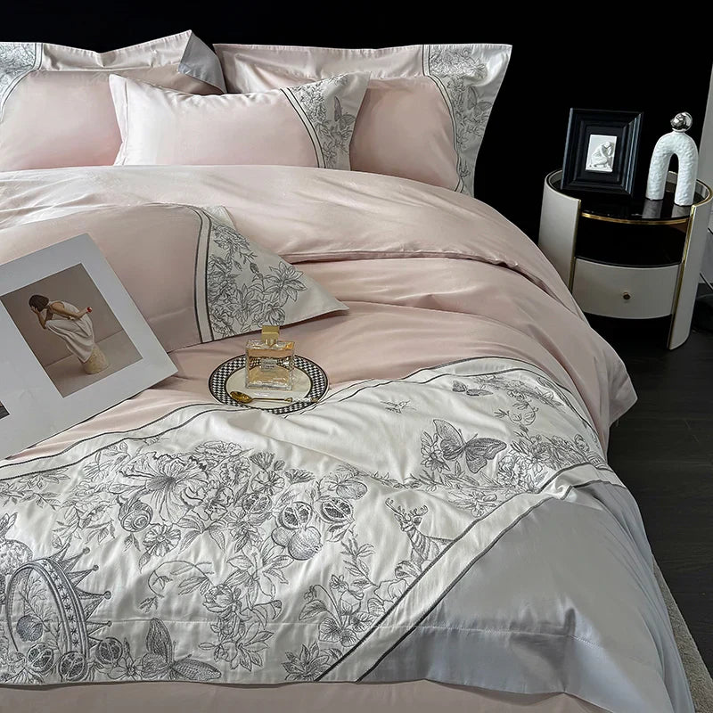 DecorBites™ Luxe Butterfly Flowers Embroidery Bedding Set with Duvet Cover Sheet Pillowcases 4Pcs