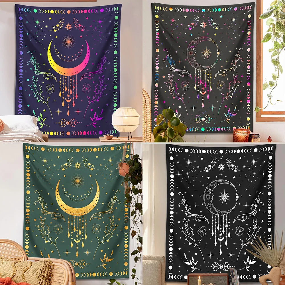 DecorBites™ Celestial Moon Phase Tapestry with Floral Accents
