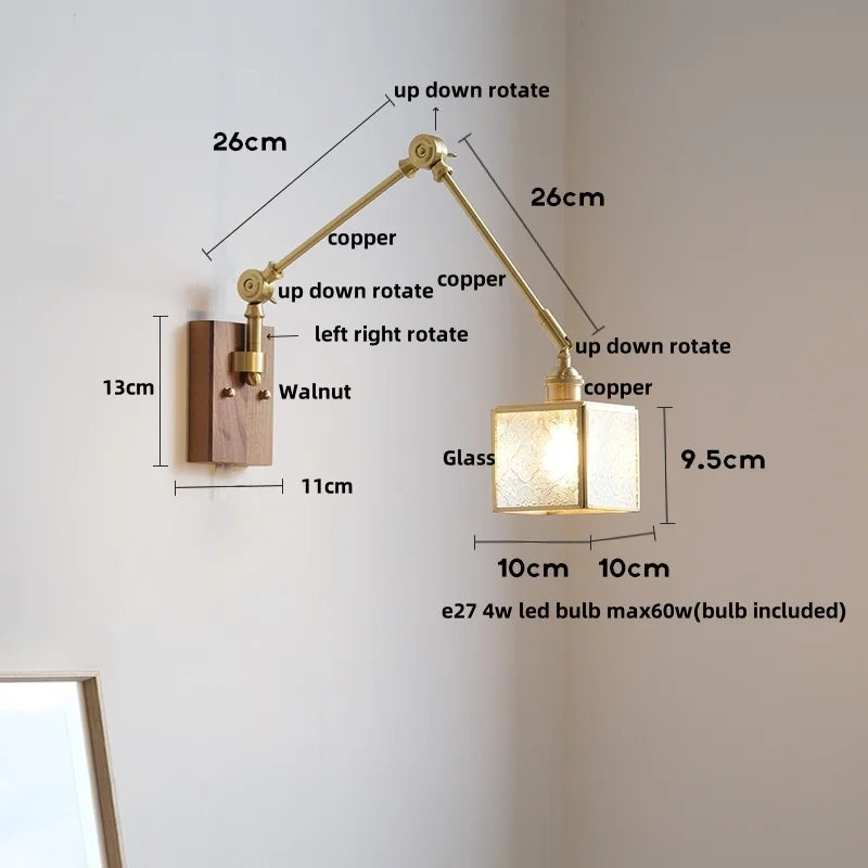 DecorBites™ Cube Glass LED Wall Sconce Walnut Wood Rotatable Mirror Light