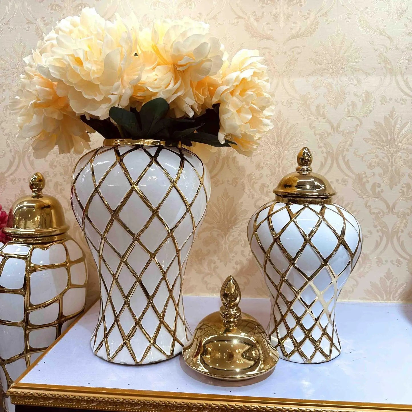 DecorBites™ Gold Diamond Porcelain Vase: Elegant Ceramic Home Decoration & Storage Jar