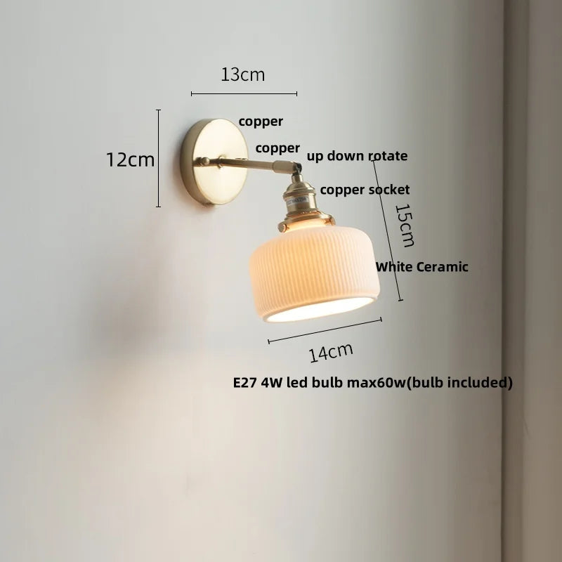 DecorBites™ Copper Wall Light Fixture Bedroom Bedside Sconce White Ceramic Lamp