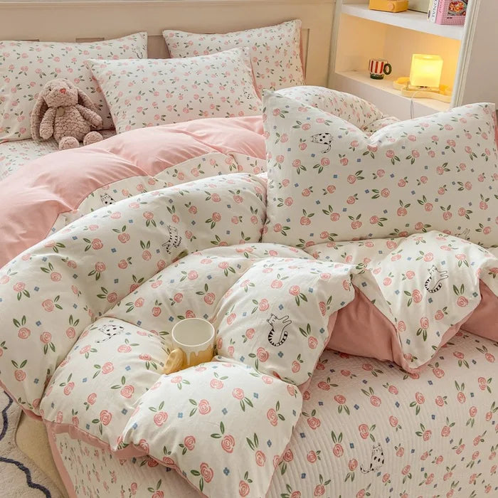 DecorBites™ Cartoon Cat Floral Duvet Cover Set - Pink Kids Girls Bedroom Decor