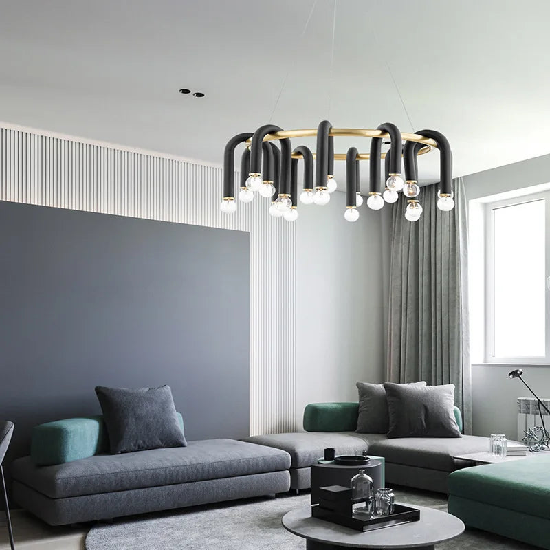 DecorBites™ Black U Shape Tube Gold Ring Chandelier for Foyer Dining Room Lighting