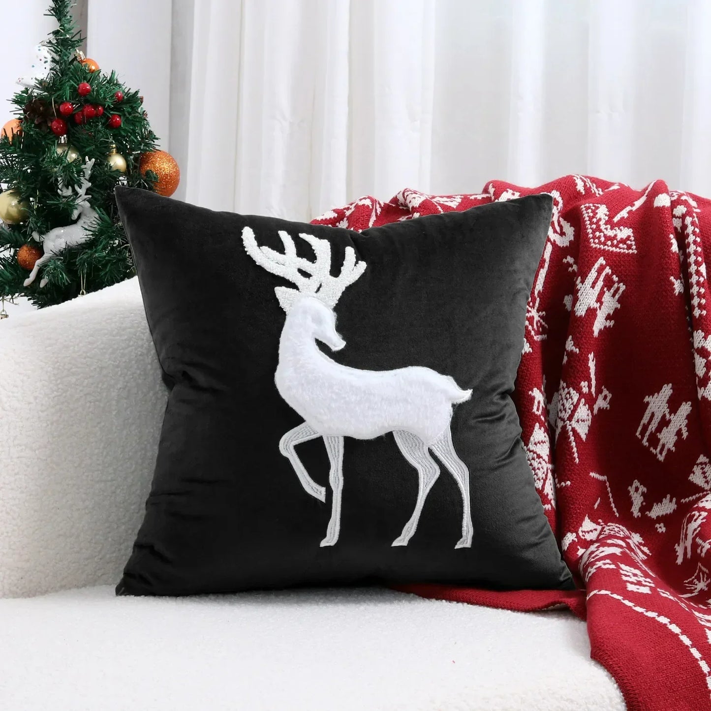 DecorBites™ Christmas Elk Embroidered Pillow Cover 45x45cm Festive Decorative Cushion