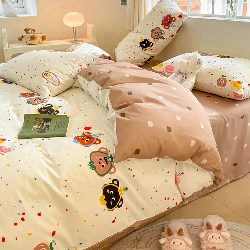 DecorBites™ Cotton Cartoon Printed Bed Set with Non-Fading Floral Patterns for Adults