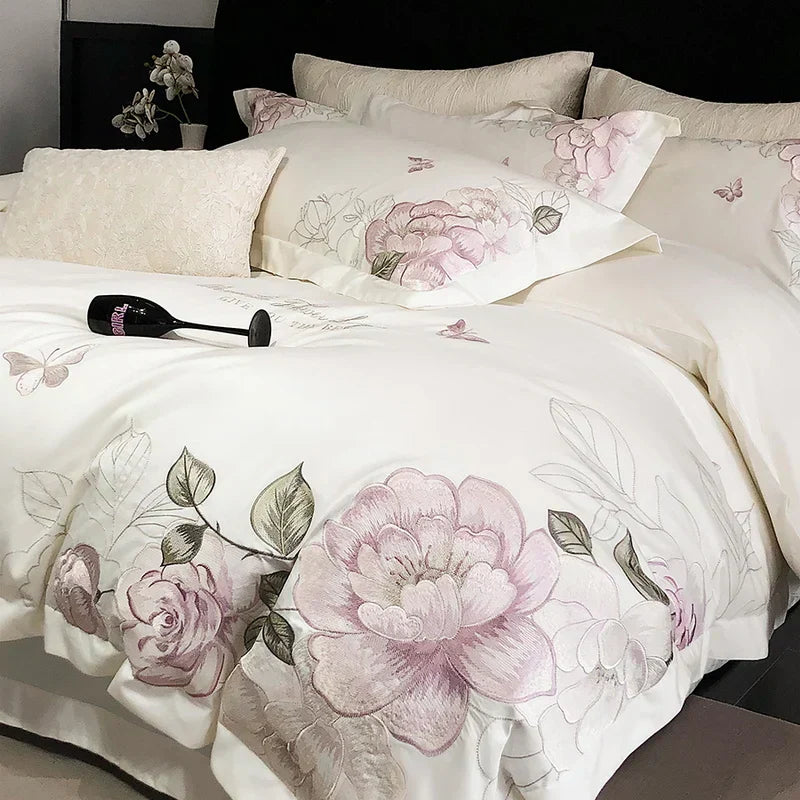DecorBites™ Butterfly Flowers Embroidery 600TC Egyptian Cotton Bedding Set: Duvet Cover, Bed Sheet, Pillowcases