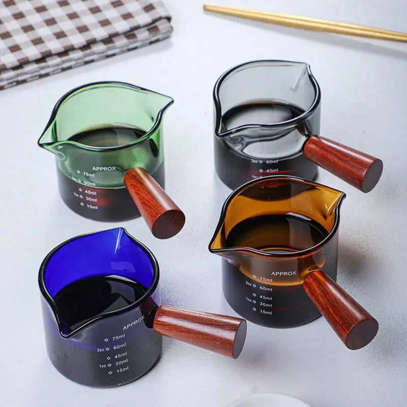 DecorBites™ Glass Double Mouth Espresso Measuring Cup with Wooden Handle Scale Mug