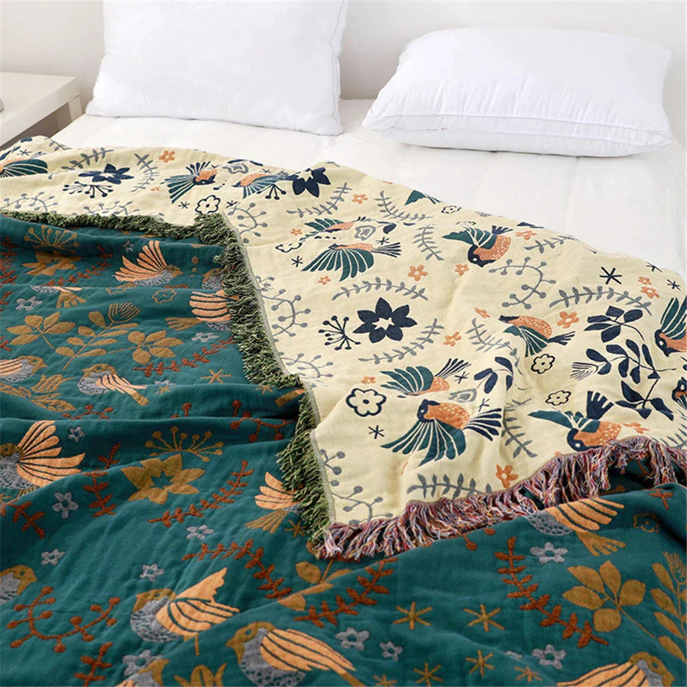 DecorBites™ Birds Jacquard Cotton Gauze Sofa Cover - Non-Slip Blanket for All Seasons