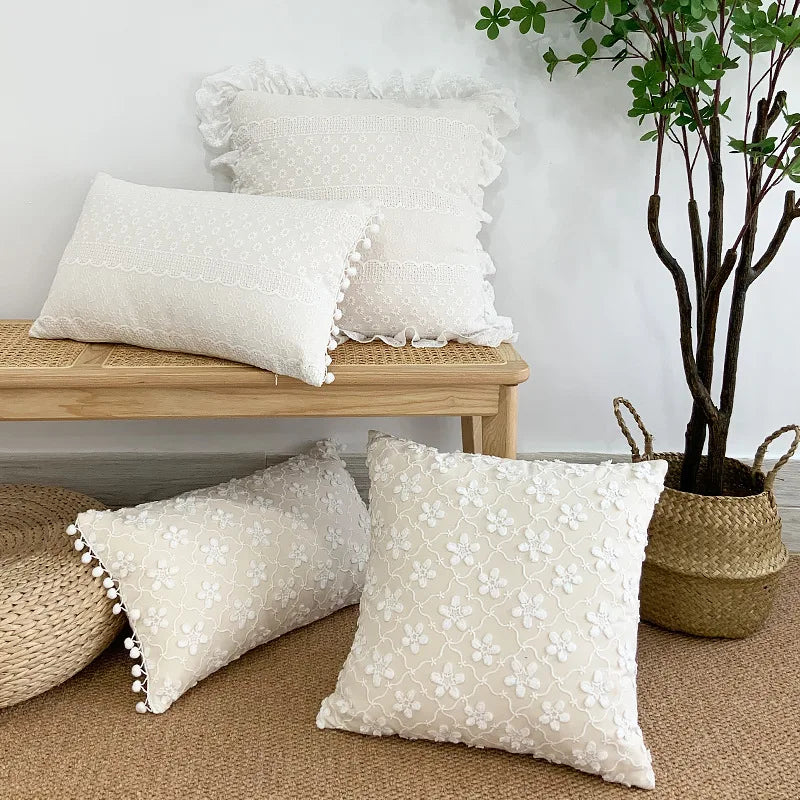 DecorBites™ Boho White Lace Floral Sofa Cushion Cover Wedding Decor Throw Pillows