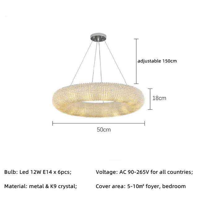 DecorBites™ Crystal Loft Chandelier: Modern Luxury Circle Pendant Lamp for Living Room Lighting