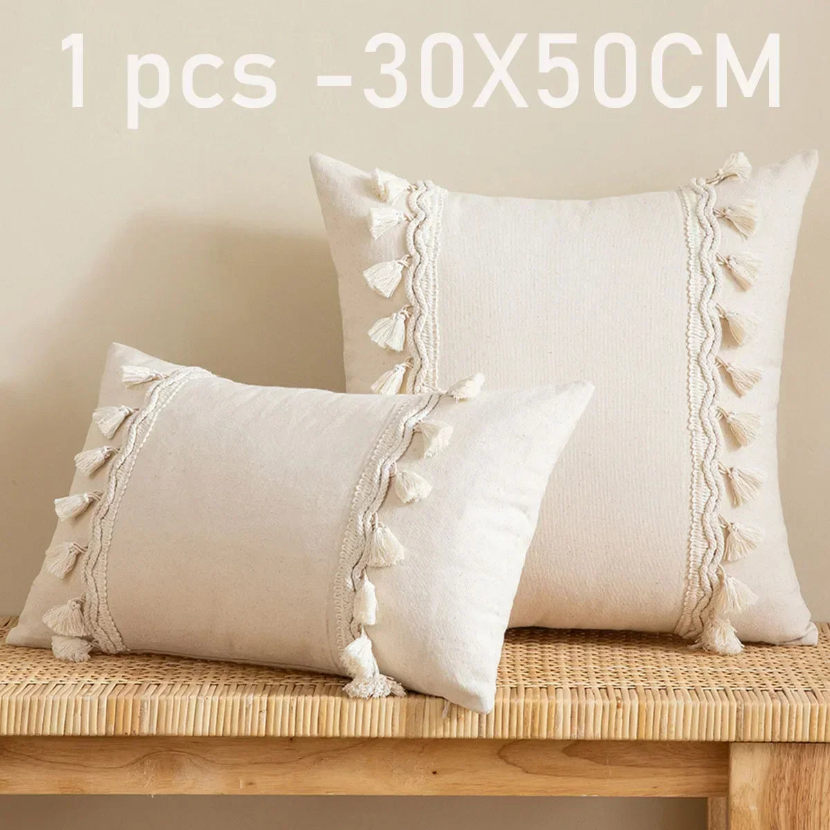 DecorBites™ Boho Linen Cotton Pillow Cover with Tassels - Beige Square/Rectangular 45x45cm/30x50cm