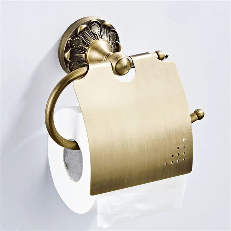 DecorBites™ Brass Bathroom Hardware Set: Shelf, Toilet Brush Holder, Paper & Towel Holder
