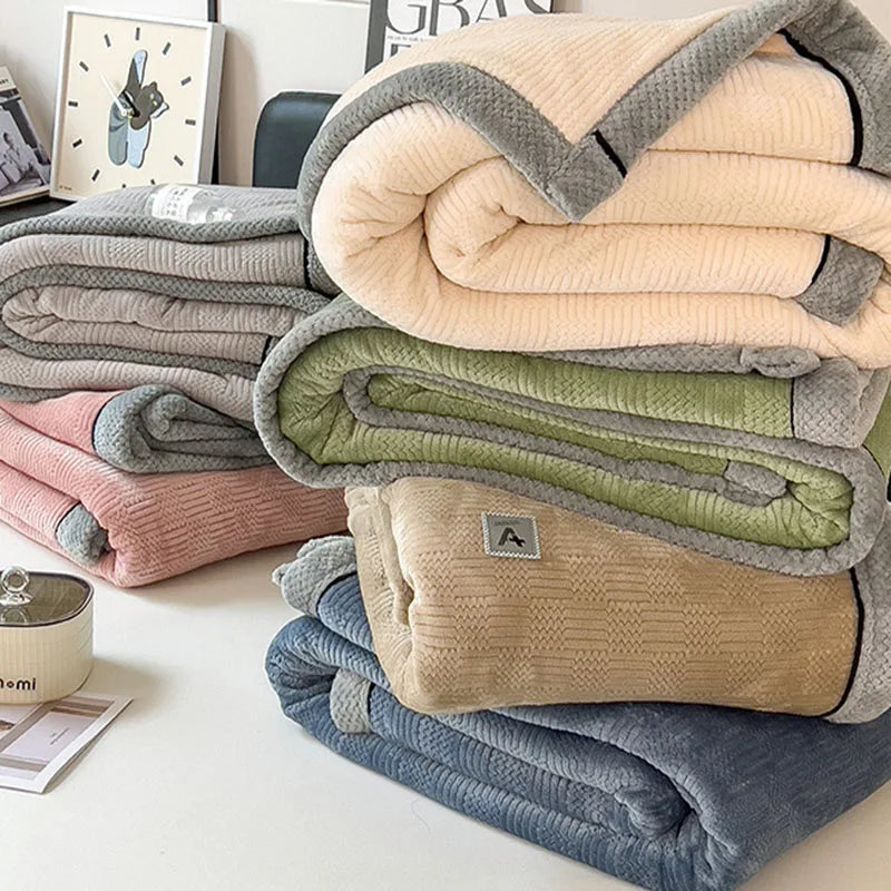 DecorBites™ Cozy Jacquard Plush Blanket - Soft Coral Fleece - All-Season - European Solid Stripes