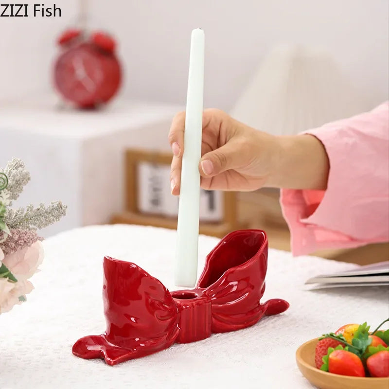 DecorBites™ Bowknot Ceramic Candle Holder Desk Decoration Romantic Candlestick Aesthetic Decor