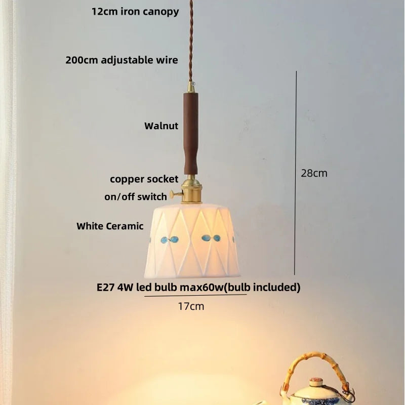DecorBites™ Ceramic Walnut Wood Pendant Light Fixture - Adjustable LED Lamparas for Study Aisle