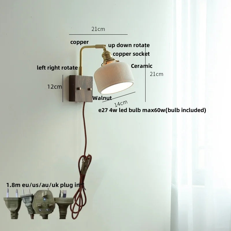 DecorBites™ Ceramic LED Wall Light Fixture White Copper Walnut Ash Bedside Lamp
