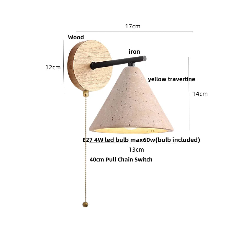DecorBites™ LED Yellow Travertine Wall Light with Wood Pull Chain Switch and Iron Frame