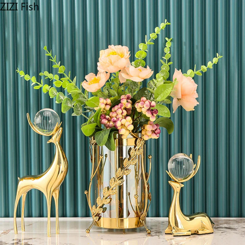 DecorBites™ Brass Deer Statue Desk Ornament - Golden Deer Sculpture for Room Decor