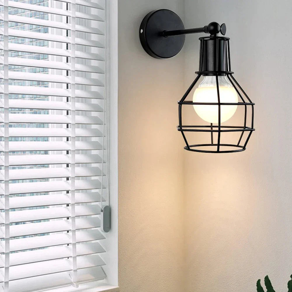DecorBites™ Black Iron Cage Wall Lamp: Retro Indoor Sconce for Bedroom, Bar, and Reading