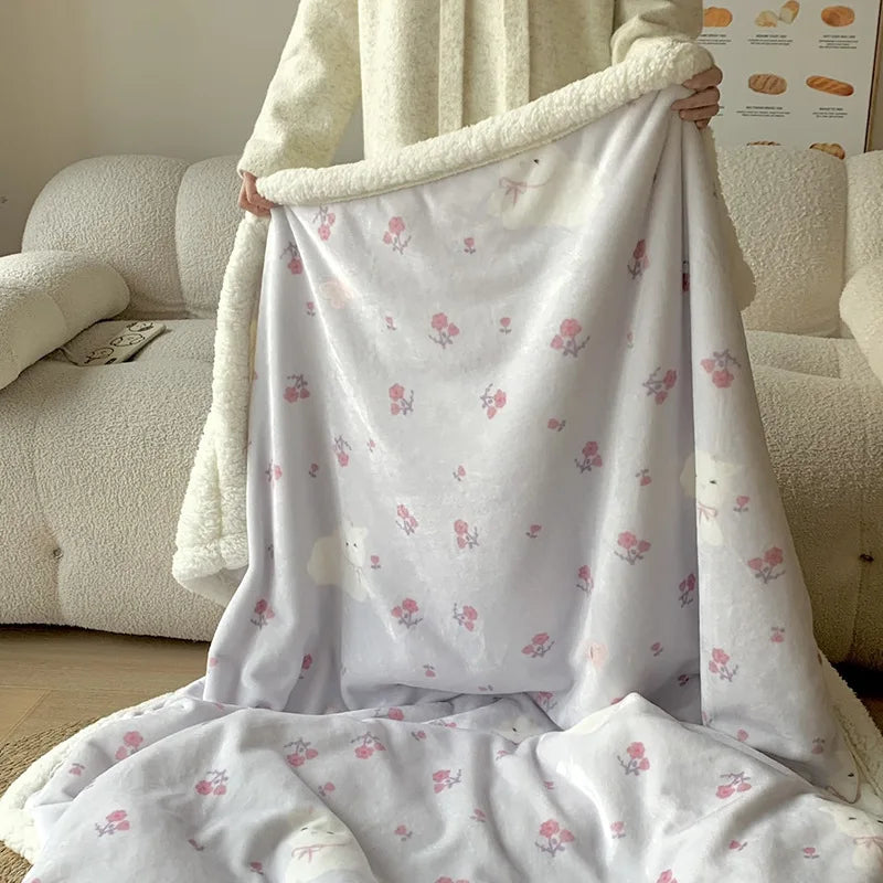 DecorBites™ Cartoon Lamb Wool Blanket - Thick, Printed Coral Fleece Sofa Cover