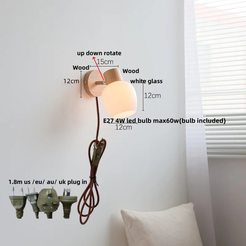 DecorBites™ Amber Glass LED Wall Sconce with Pull Chain Switch, Nordic Modern Wood Stair Light