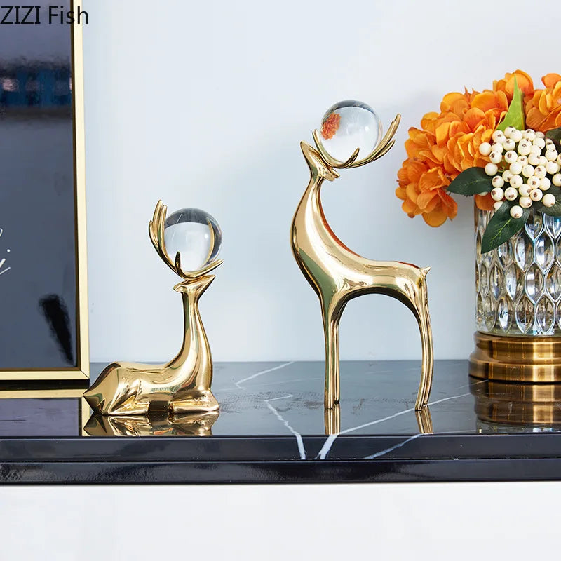 DecorBites™ Brass Deer Statue Desk Ornament - Golden Deer Sculpture for Room Decor